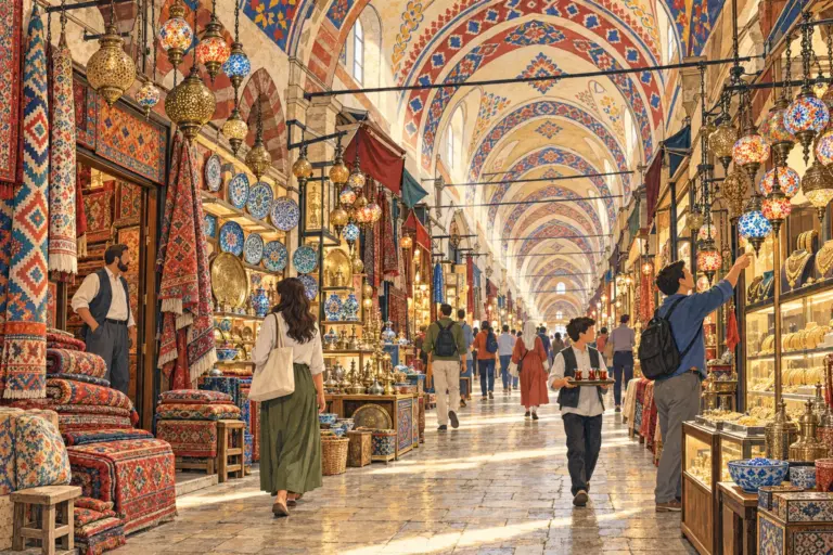 Illustration: a long vaulted street of the Grand Bazaar with hanging lamps, carpets and ceramics in the shop fronts, visitors and a shopkeeper