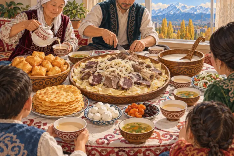 Illustration: a Kazakh family table with a platter of beshbarmak and kazy, fried baursak, kurt, kumis and tea with milk poured half a bowl at a time
