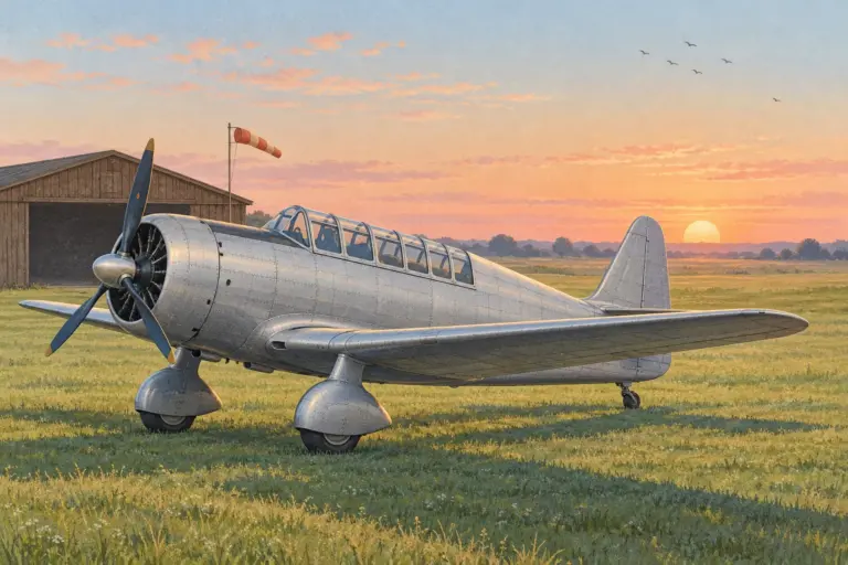 Illustration: a single-engine all-metal low-wing aircraft of the 1930s with fixed wheel fairings and a long glazed canopy, parked on a grass apron at dawn beside a windsock, with an empty hangar door behind it