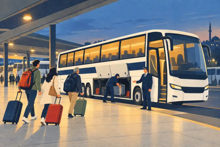 Illustration: an evening coach terminal in Türkiye with a white intercity coach, its luggage hold open, a host at the door and travellers with suitcases walking over