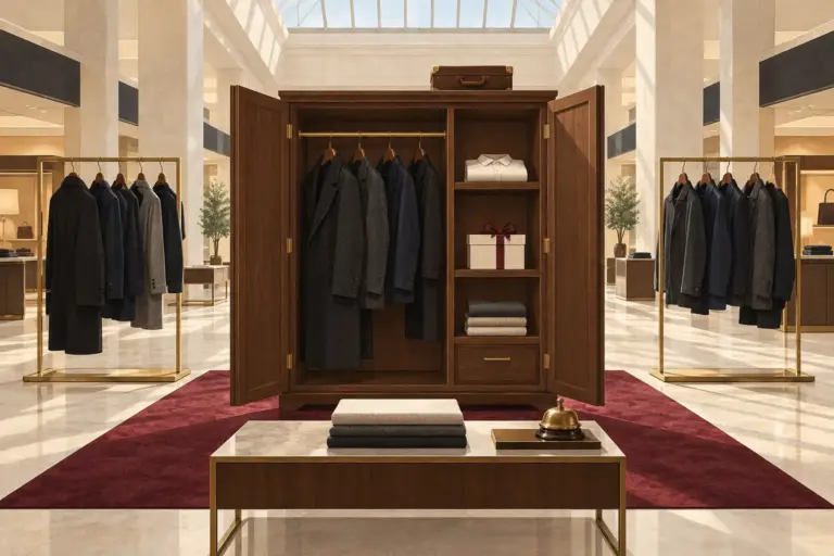 Illustration: a department-store floor with a walnut wardrobe standing open between two clothes rails, and a folded stack of cloth and a brass bell on a table in front