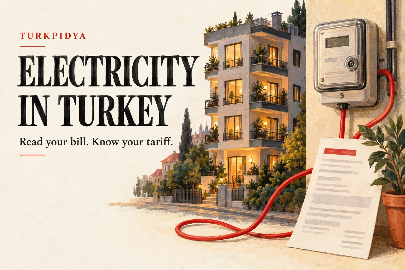 Turkpidya Electricity in Turkey guide, with a gouache apartment building, meter, red cable and bill.