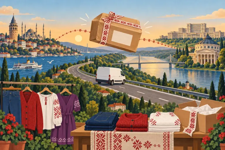 Ilustrație: în stânga Istanbulul cu Turnul Galata, o moschee și Bosforul, în dreapta Bucureștiul cu Ateneul Român și Palatul Parlamentului; pe drumul dintre ele merge o dubiță albă, deasupra plutește un colet legat cu panglică brodată, iar în față stau blugi, o jachetă roșie, o ie și o rochie mov