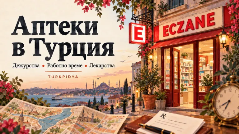 Илюстрирано ръководство за аптеките в Турция с червена табела E и витрина ECZANE