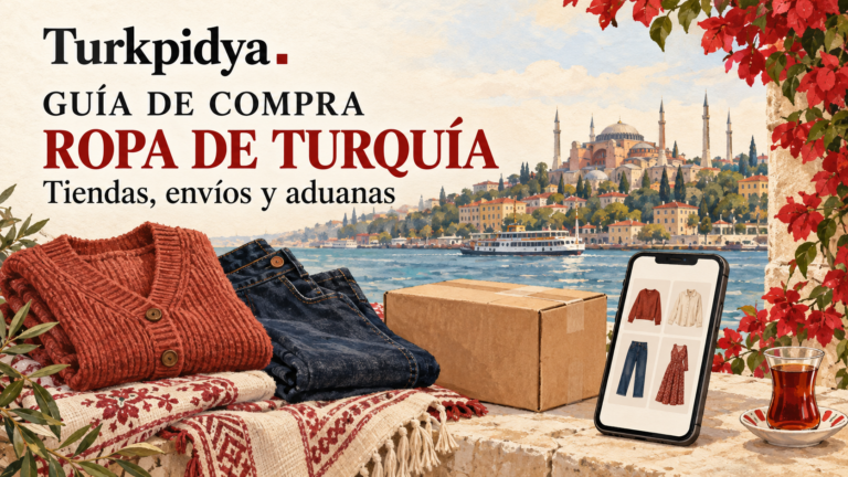 Ilustración de Turkpidya con ropa turca, un paquete y un teléfono con productos, con Estambul al fondo.