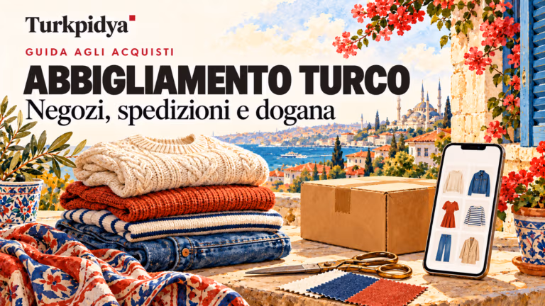 Illustrazione Turkpidya con abiti turchi, un pacco e uno smartphone con prodotti, con Istanbul sullo sfondo.