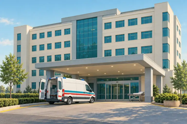 Illustrazione: l’ingresso di un ospedale statale turco, con una tettoia di pronto soccorso sopra una rampa per le ambulanze, una barella ferma davanti alle porte a vetri e un’ambulanza bianca ferma sulla rampa