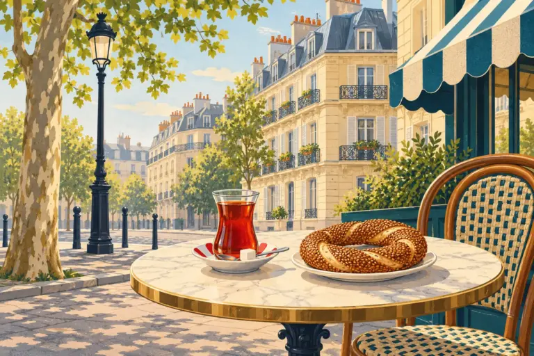 Illustration: a Paris pavement café table with a tulip-shaped Turkish tea glass and a sesame simit, in front of cream apartment buildings with iron balconies and grey roofs