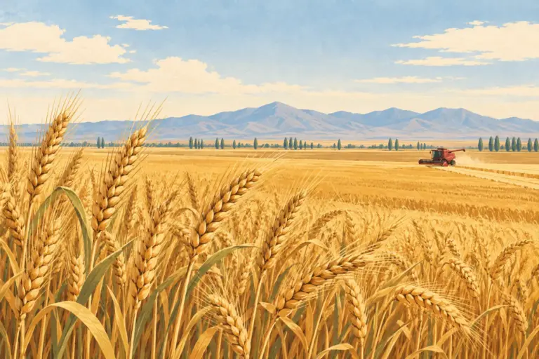 Illustration: a wheat plain in Central Anatolia at harvest, ripe ears in the foreground, a red combine harvester far away and mountains on the horizon