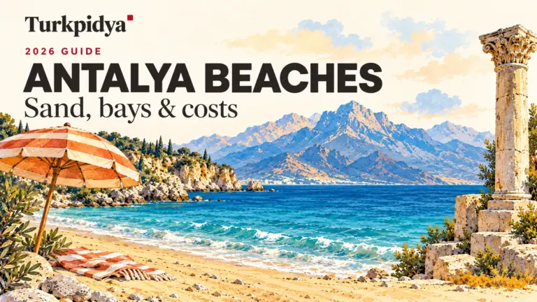 Turkpidya 2026 guide cover: Antalya Beaches, Sand, bays & costs, with an illustrated Mediterranean coast