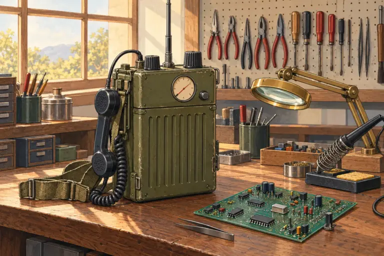 Illustration: a 1970s olive-green field radio with a whip antenna, a handset and a round meter on a wooden workbench beside a green circuit board, a brass magnifying lamp and a soldering iron, in window light