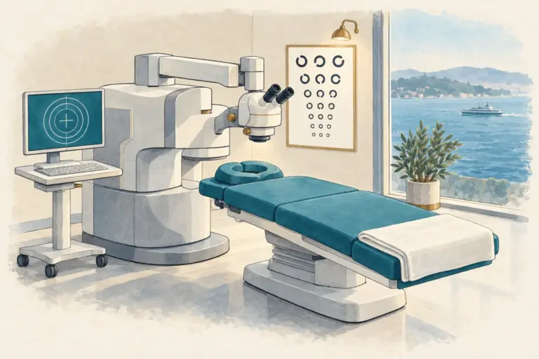 Aquarell-Illustration eines Operationsraums für Augenlaser: ein heller Lasergeräteturm mit Mikroskopkopf neben einer leeren, blaugrün gepolsterten Liege, daneben ein Wagen mit Monitor, an der Wand eine Sehtafel aus Ringen, am Fenster der Blick auf eine Meerenge mit einer Fähre