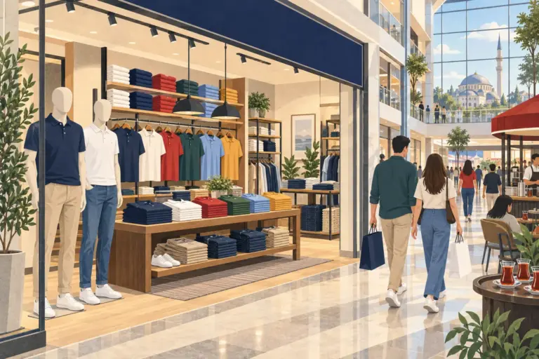Illustration: the open front of a polo-shirt store in a Turkish shopping mall, with folded stacks of navy, white, red and green polo shirts on a table, two mannequins, shoppers with paper bags and tea glasses at a café outside