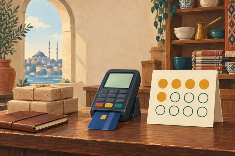 Illustration: a card in a payment terminal on a shop counter, beside a sign with twelve discs, five of them filled: a purchase paid in monthly instalments (taksit)
