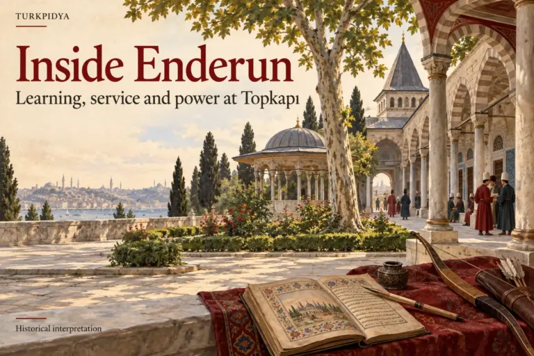 Turkpidya historical interpretation of Enderun palace learning with books, a bow and an Ottoman-inspired courtyard.