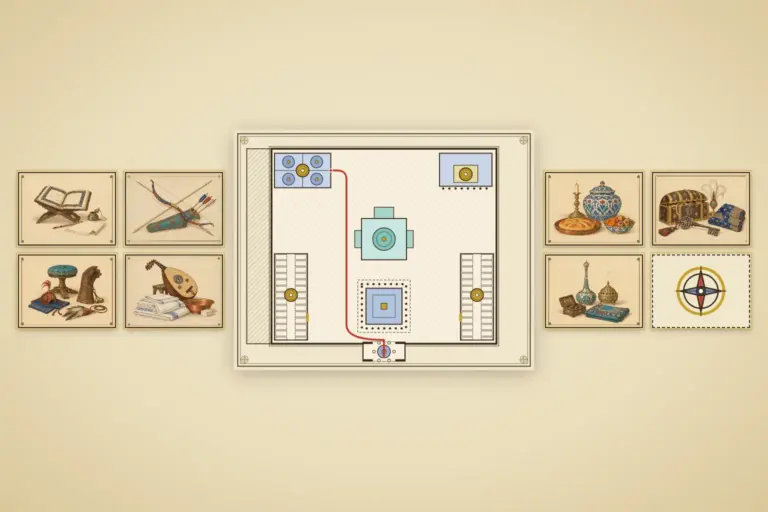 Illustration: a drawn plan of the Third Court of Topkapı Palace on vellum, with a red route from the gate to a room and seven gold seals