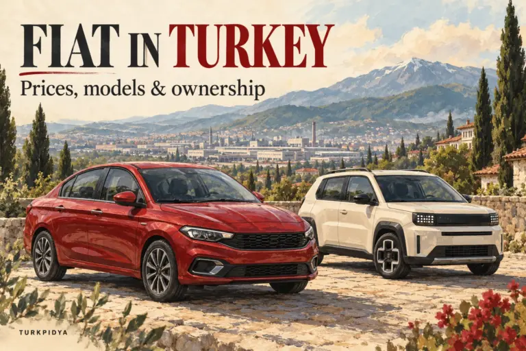 Turkpidya illustrated guide to Fiat in Turkey, showing a red sedan and a cream compact car above a Turkish city.