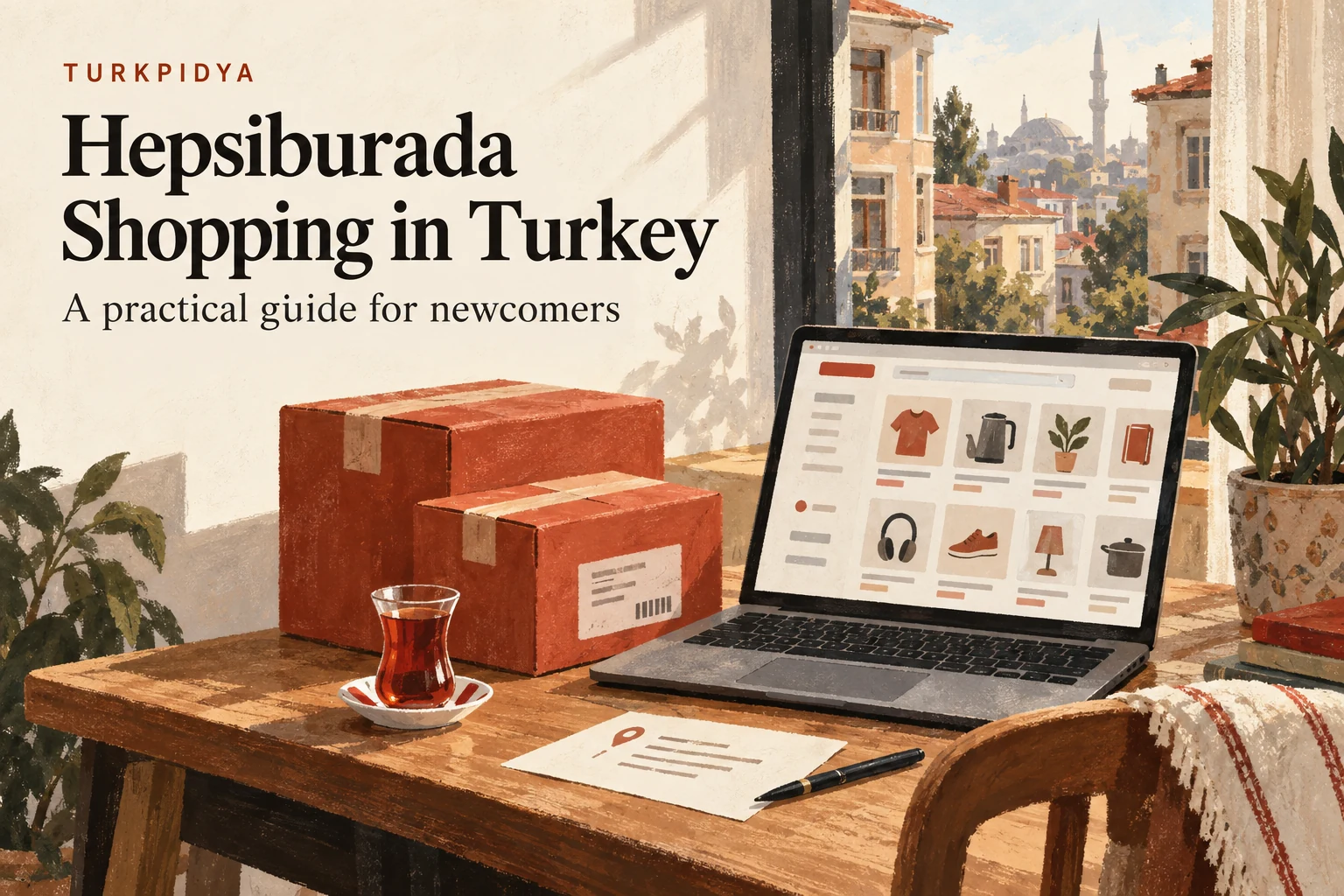 Turkpidya Hepsiburada shopping guide: laptop, parcels and address note in a Turkish apartment