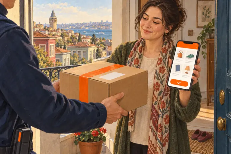 Illustration: at the open door of an Istanbul flat, a courier hands over a cardboard box sealed with orange tape while the customer holds a phone showing an orange shopping app; Galata Tower and the Bosphorus are visible beyond the balcony