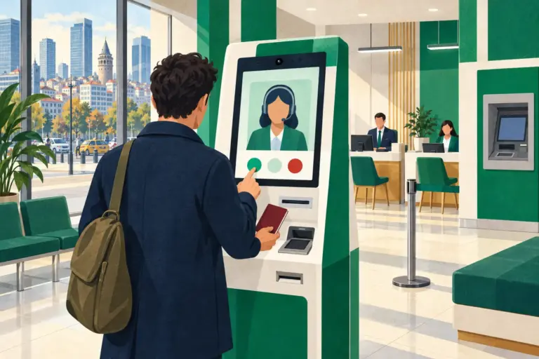Illustration: inside a bank branch in Türkiye, a customer seen from behind holds a passport at a video-banking machine whose screen shows a bank representative on a video call