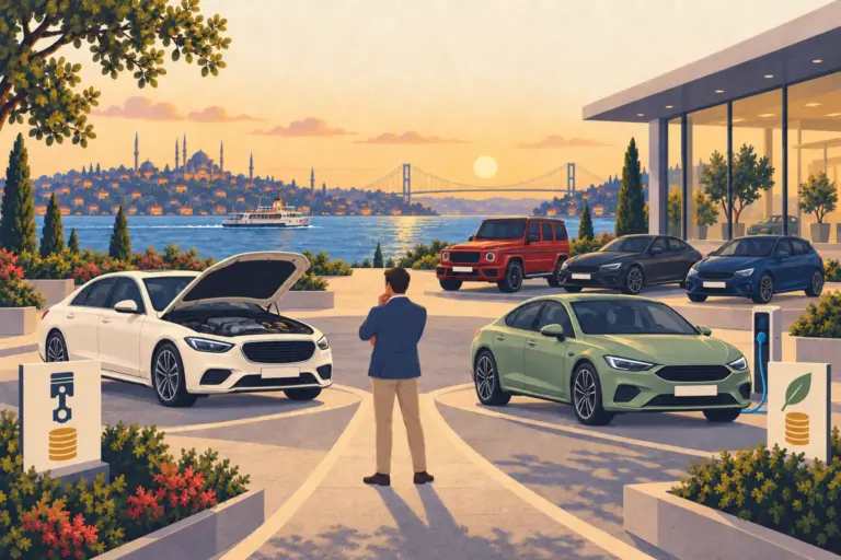 Illustration: a buyer on a Bosphorus showroom forecourt chooses between a cream sedan with an open bonnet and a sage electric sedan at a charger; a coupe, hatchback and boxy SUV stand behind