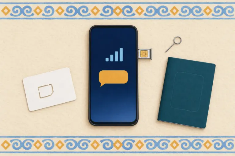 A flat-lay on cream felt with blue and amber ornament: a phone with its SIM tray pulled out and a SIM card in it, an ejector pin, a blank SIM carrier card and a closed passport with a blank cover