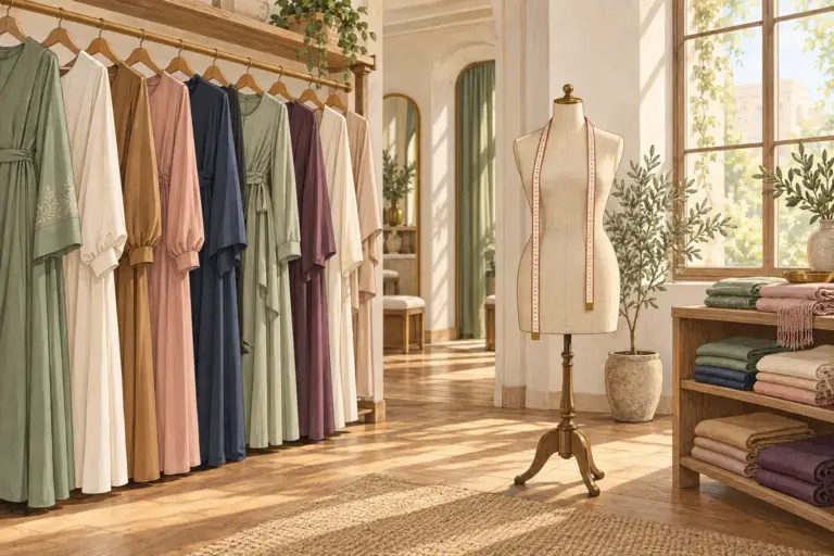 Illustration: a modest-fashion boutique with long dresses and tunics on wooden hangers along a rail, folded scarves on a shelf, and a linen dress form on a stand with a cloth tape draped over its shoulders