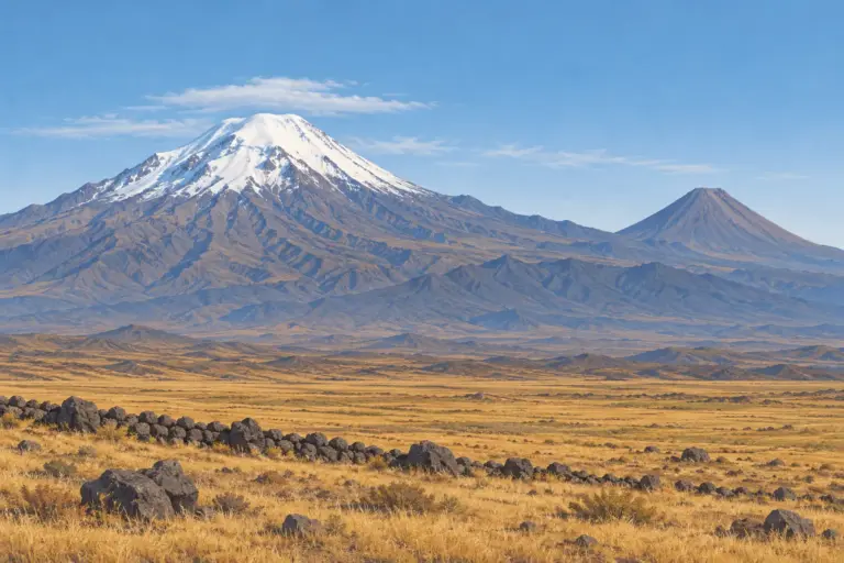 Illustration: a huge volcano with a white ice dome on the left and a much smaller regular cone on the right, joined by a low saddle above a dry straw-coloured plain with a low wall of dark stones