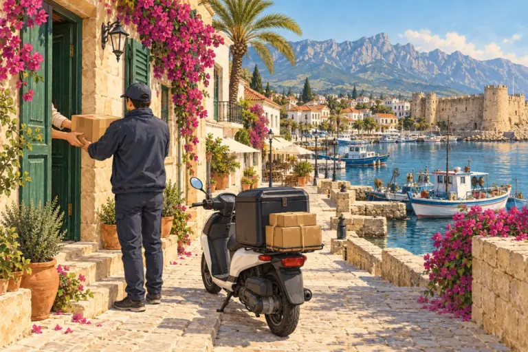 Illustration: a courier seen from behind, in a plain jacket and cap, hands a brown carton to a resident’s hand at a green-shuttered doorway on a limestone harbour street in Girne, with a delivery scooter carrying two cartons at the kerb, fishing boats, the harbour castle and the Beşparmak mountain ridge behind