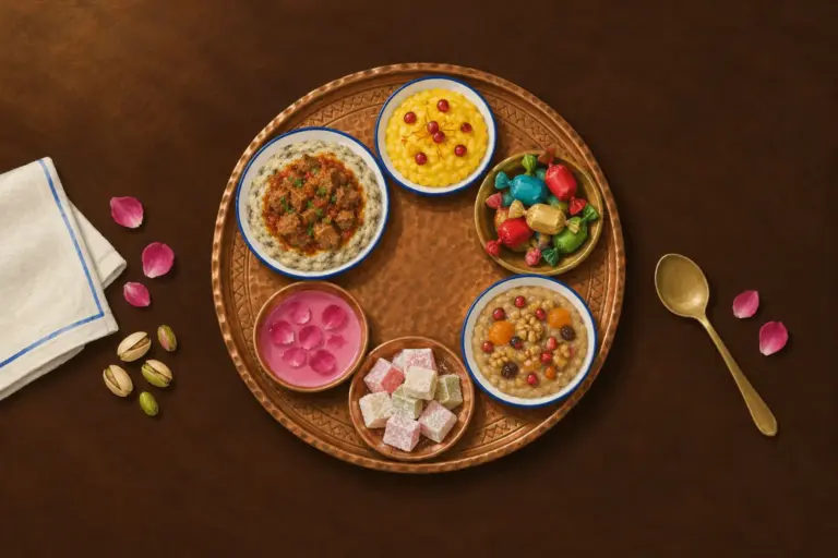 Illustration: a round copper tray with six Ottoman dishes and sweets on a dark wooden table