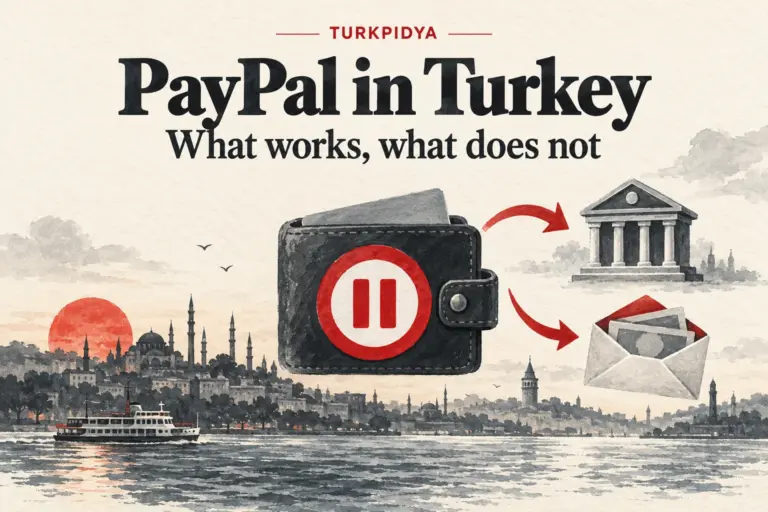 Turkpidya illustration of PayPal restrictions in Turkey, with a paused wallet, Istanbul skyline, bank and cash-payment route.