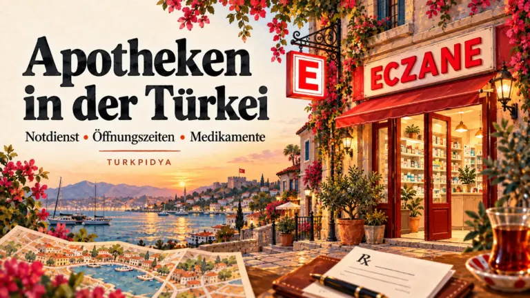 Deutsche Titelillustration mit rotem E und ECZANE an einer türkischen Küstenapotheke
