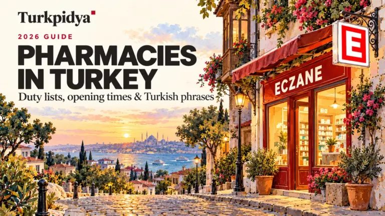 Illustrated Turkpidya guide to pharmacies in Turkey, with a red E sign and an Eczane storefront