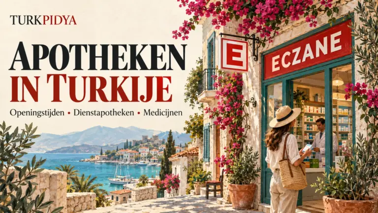 Nederlandstalige cover met een rood E-bord en ECZANE aan een Turkse kustapotheek