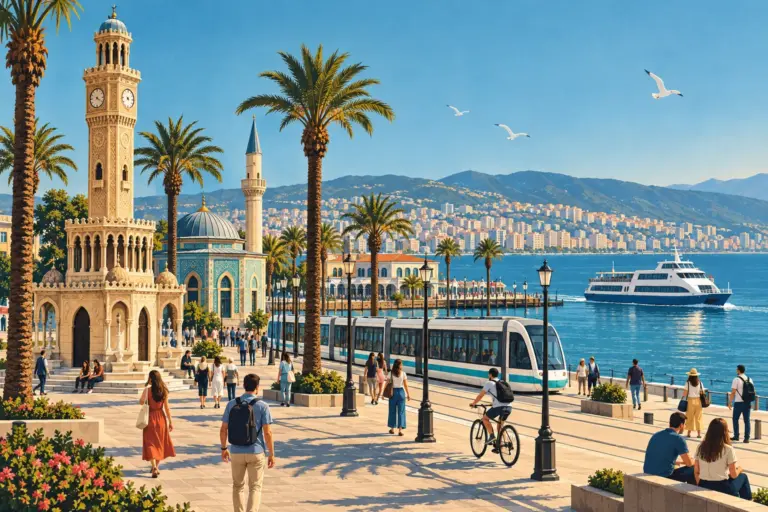 Illustration: Konak Square on the bay of İzmir: the clock tower and the small Yalı Mosque, a tram on the seafront, a ferry coming in to the pier and palm trees along the promenade.