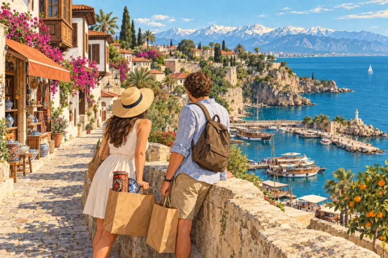 Illustration: two visitors with paper shopping bags rest at a stone wall above the old harbour of Antalya; behind them a shop with ceramics and kilims, ahead the blue gulf and snowy mountains
