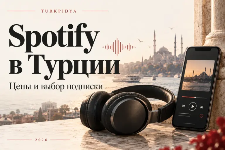 Spotify в Турции: цены и выбор подписки. Иллюстрация Turkpidya с наушниками и видом на Стамбул; экран телефона условный.