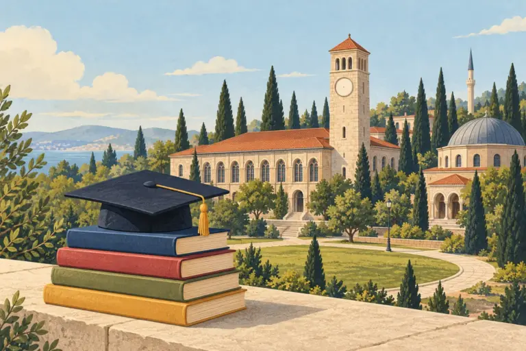 Illustration: a graduation cap on a stack of four books on a stone wall, with a Turkish university campus behind it: a clock tower, a domed building with a minaret, cypress trees and the sea in the distance