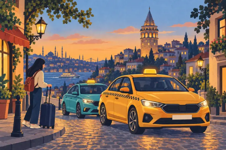 Illustration: a yellow taxi below Galata Tower at dusk, a turquoise taxi behind it and a traveller with a suitcase
