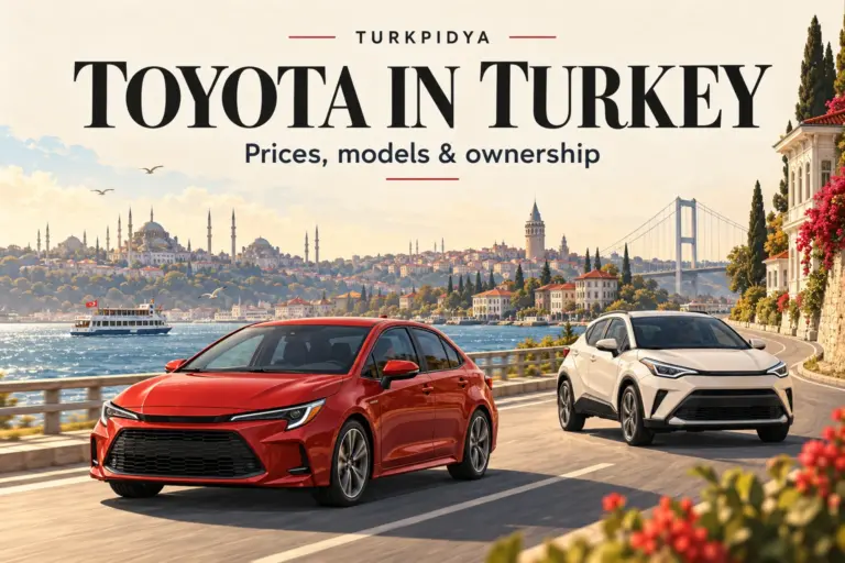 Turkpidya illustrated Toyota Turkey guide showing a red sedan and ivory crossover beside the Bosphorus.