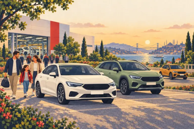 Illustration: an unbadged family sedan and crossover beside an imagined Turkish assembly hall and the Bosphorus