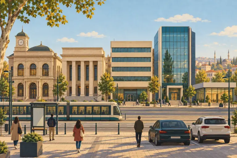 Illustration: a Turkish city street in warm afternoon light with five bank buildings side by side, each in a different style and each with a blank band where a name would be: an Ottoman stone building with arches, a limestone building with four columns, a concrete block with ribbon windows, a glass tower and a small modern glass branch; a plane tree, a tram stop, and a few small people seen from behind