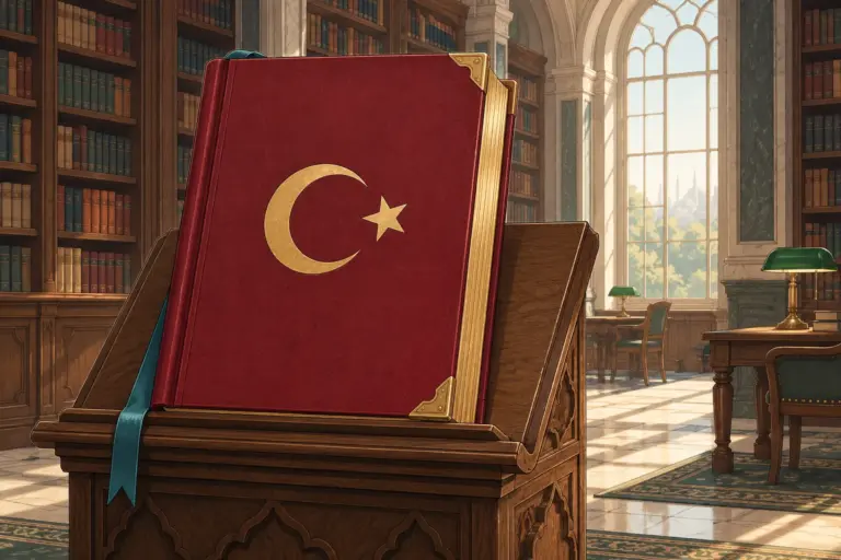 Illustration: a thick oxblood hardback volume with a gold crescent and star on its cover and a teal silk ribbon, standing on a wooden reading lectern in a sunlit library with shelves of books and an arched window
