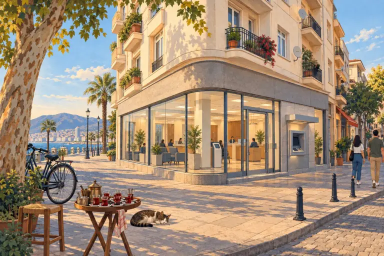 Illustration: a street corner on a Turkish seafront promenade, with a bank branch on the ground floor of an apartment building, a glass front, a plain stone-grey fascia without lettering and a wall cash machine beside the door; a tray of tea glasses and a sleeping cat on the pavement