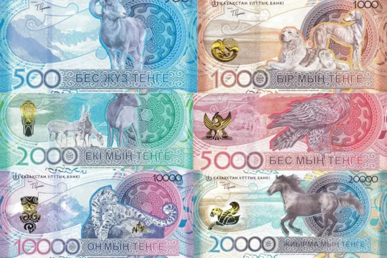 Six banknote designs of the Saka-style series in a grid, in blue, orange, green, red, violet and sky blue, each with an animal and a band of Central Asian ornament
