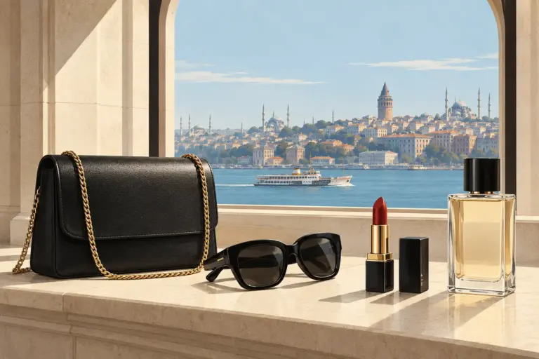 Illustration: a black leather bag, sunglasses, a lipstick and a perfume bottle on a stone window ledge, with Istanbul and a ferry beyond the window