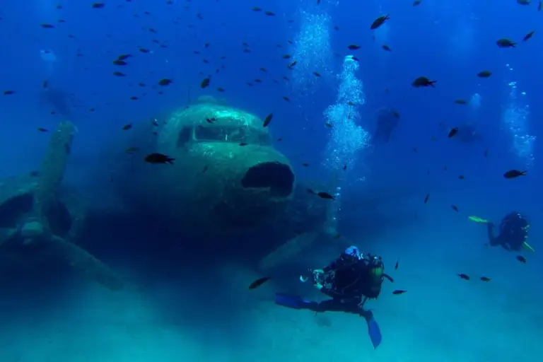 Underwater photo: divers swim around the wreck of a small transport aircraft lying on a sandy seabed, with schools of dark fish and columns of bubbles in deep blue water; one diver in the middle holds a camera