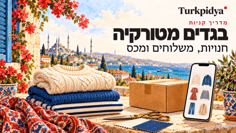 איור של Turkpidya עם בגדים טורקיים, חבילה וטלפון המציג מוצרים, על רקע איסטנבול.