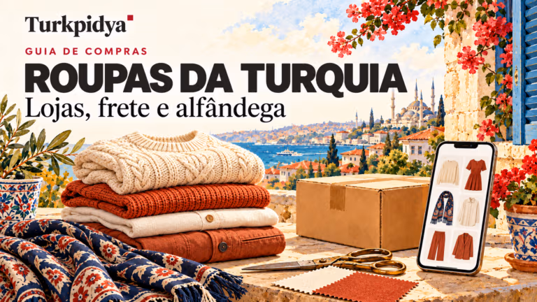 Ilustração da Turkpidya com roupas turcas, uma encomenda e um celular com produtos, com Istambul ao fundo.
