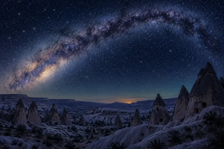 Illustration: the Milky Way arching over a valley of rock cones with small doorways, a last orange glow on the horizon